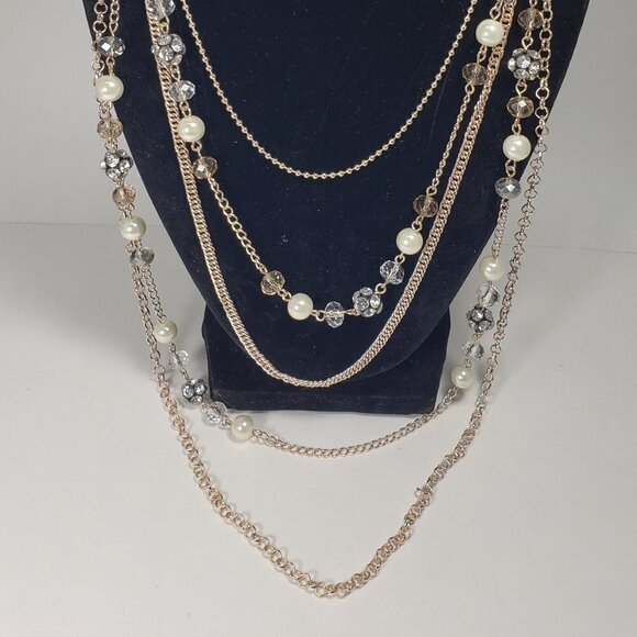 Rose Gold tone Layered Chain Necklace Multi color Beads, Crystal Ball - Women - Picture 4 of 9